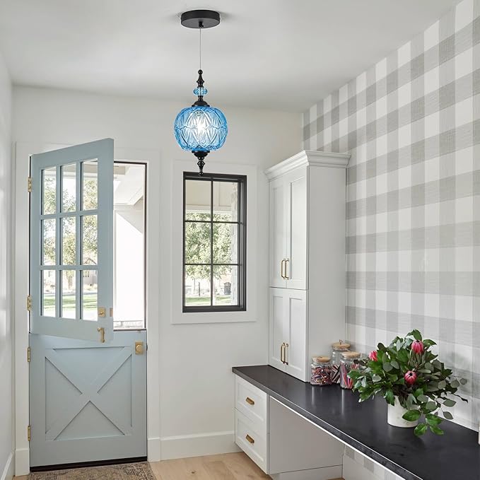 Vintage Blue and Black Glass Pendant Lights Kitchen Island Light Modern Bedroom Pendant Lighting Fixtures Hanging Lamp for Kitchen Island Bedroom Dining Room Coffee Shop Hallway