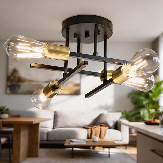 4-Light Sputnik Semi Flush Mount Ceiling Light, 5.9” Canopy, Modern Black and Gold Metal Chandelier, Close to Ceiling Light Fixture with E26 Base for Bedroom, Dining Room, Kitchen, Living Room
