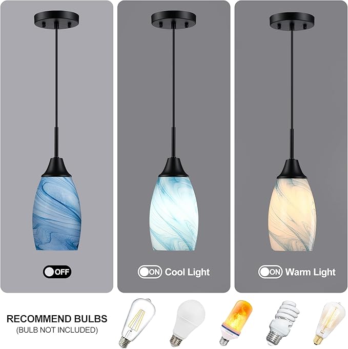 Viinew Mini Glass Pendant Light 4.72" with Handblown Blue Marble Art Glass Hanging Light 1-Pack Oval Ceiling Hanging Light Fixture for Dining Room Kitchen Island Cafe Foyer Hallway