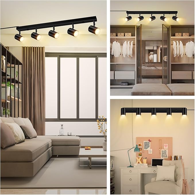 AUQUEE 5 Light Track Lighting Kit,Black 5 Way Modern Plug in Ceiling Spotlight,Industrial LED Wall Light for Kitchen Cabinet Gallery Bar Hallway Living Room,Rocker Switch,15 Foot Cord(No Bulb)