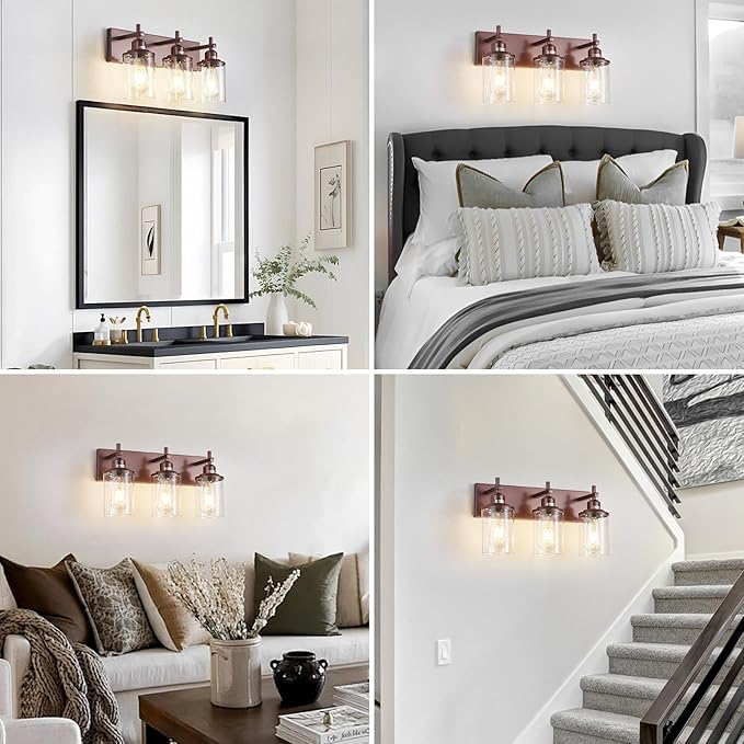 Lanhall 3-Light Bronze Bathroom Light Fixtures Over Mirror,Modern Bathroom Vanity Light with Clear Glass Shade, Wall Sconce for Bathroom Hallway Cabinet Bedroom Kitchen Living Room Foyer E26 Base