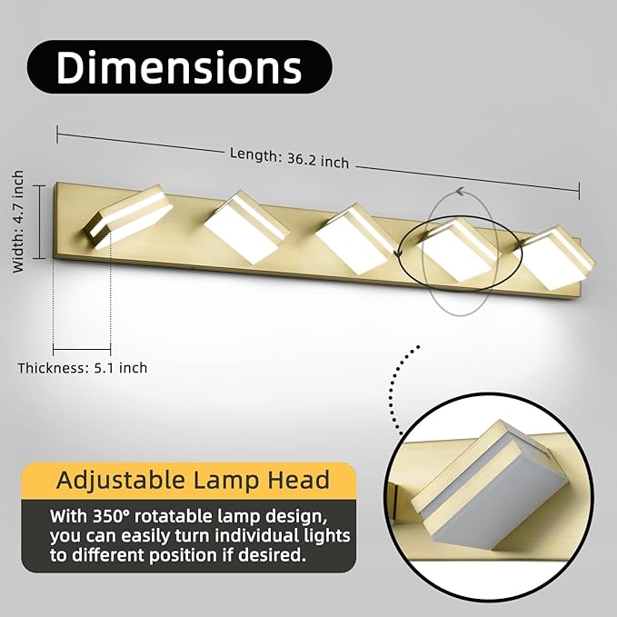 OKELI 5 Light Bathroom Vanity Light Gold Modern 36W LED Dimmable Vanity Light Over Mirror 350° Adjustable Lamp Head Cold White 6000K ETL Listed 36.2Inch