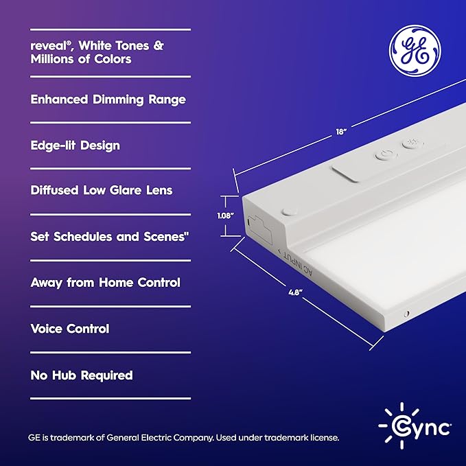 GE Cync Reveal HD+ Smart Undercabinet Light Fixture, Color Changing Undercab Light, Smart Wi-Fi Kitchen Light, Works with Alexa and Google Home, 18-in Bar, 93131251