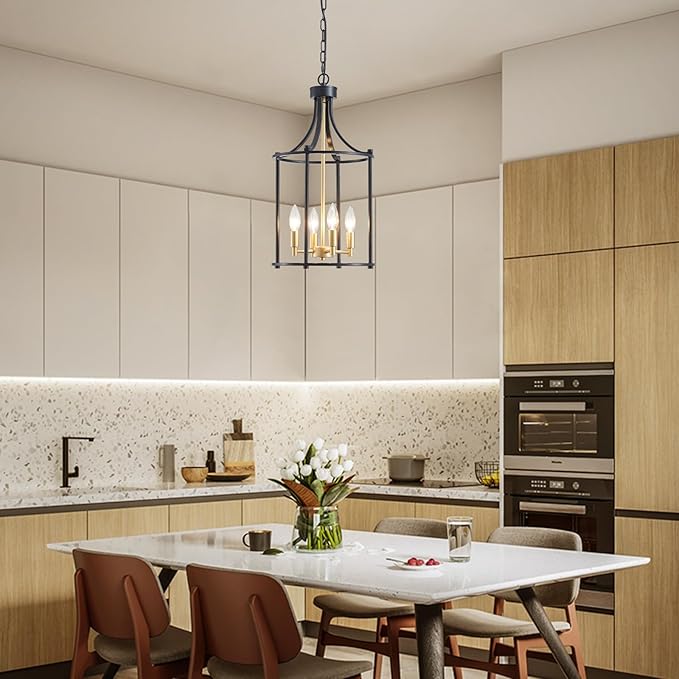 XINGQI Lantern Pendant Light Modern Geometric Hanging Chandelier Black and Gold 4 Lights Adjustable Height Cage Pendant Lighting Fixture for Kitchen Entryway Hallway Foyer