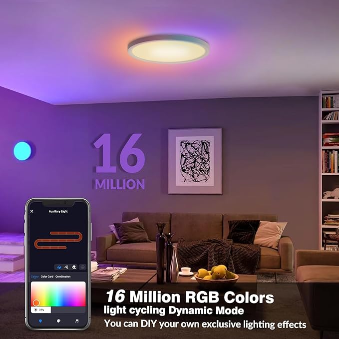 1 Pack 16 Inch Smart RGB LED Ceiling Light with Remote, WiFi Flush Mount Ceiling Light Compatible with Alexa & Google Home, 32W=3200LM Dimmable, DIY Colors, for Bedroom Living Room