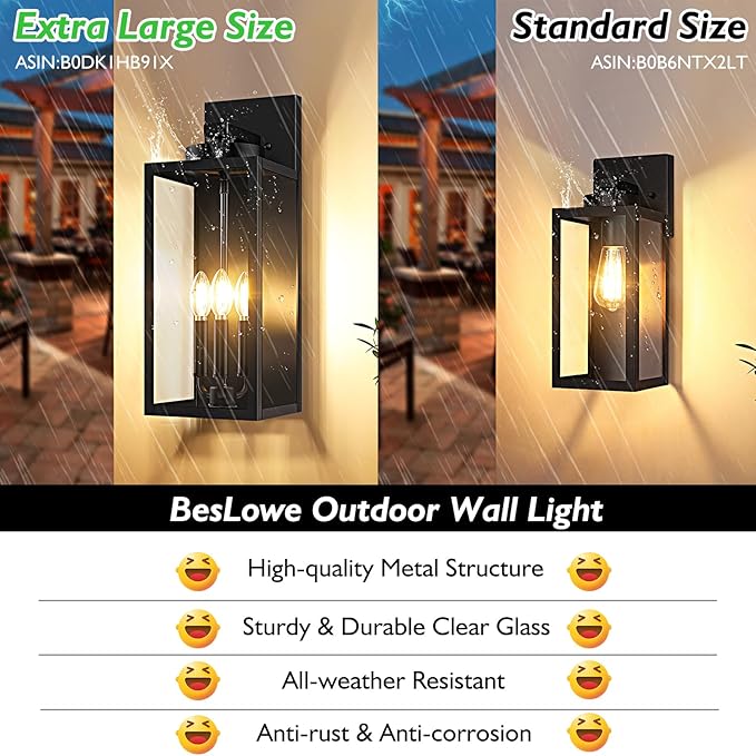 BesLowe 19.6” Large Size Outdoor Wall Light Fixture, 3-Light Exterior Lighting Fixture Porch Sconce Wall Mounted, Waterproof Outdoor Wall Lantern, Outside Light for House Patio Front Door Garage