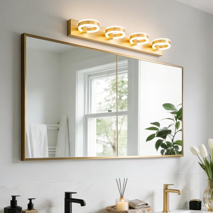 LED Bathroom Light Fixtures, 33inch Gold Vanity Lights, Modern 4 Light Acrylic Wall Sconces, 350° Rotatable Wall Lighting Fixture Over Mirror