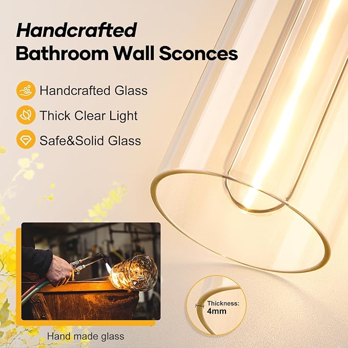 Wall Sconces Set of Two, Brushed Nickel Bathroom Sconces Wall Lighting with Clear Glass, Hardwired Modern Sconces Wall Decor Set of 2 for Bathroom Mirror Bedroom Living Room Hallway