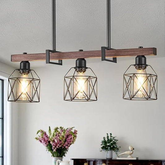 3-Light Vintage Industrial Pendant Light Over Table, Adjustable Hanging Light with Walnut Finish & Matte Black Metal Frame, E26 Base Modern Rustic Chandelier for Kitchen Island