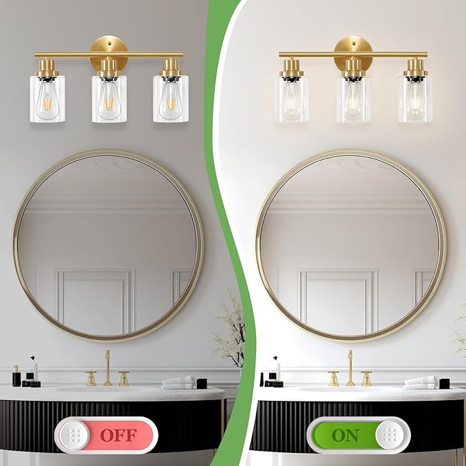 3-Light Brushed Gold Vanity Lights, E26 Modern Bathroom Light Fixtures with Clear Glass Shade, Wall Lamps for Mirror Kitchen Hallway Cabinet Living Room Sconces Lights