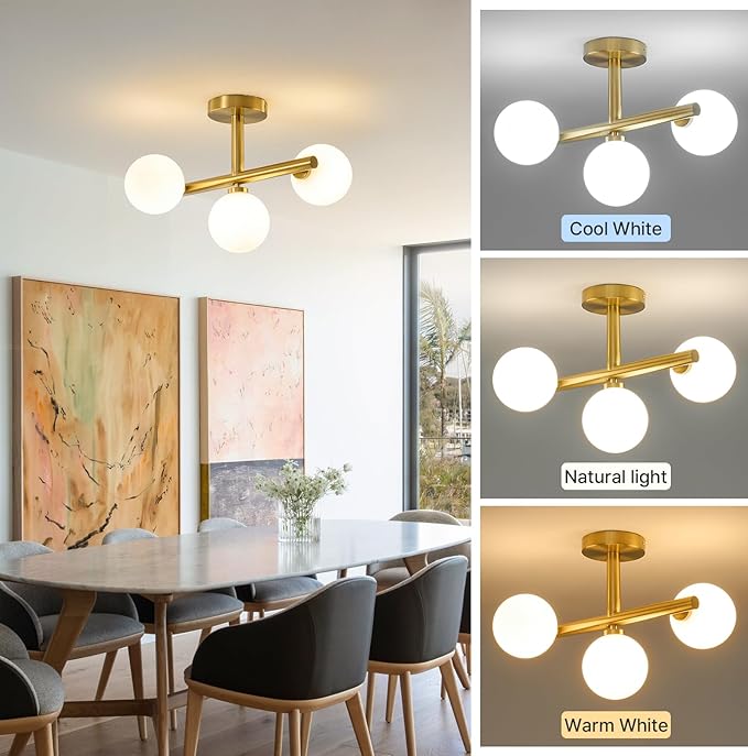 Globe Milk Glass Ceiling Light: Gold 3 Lights Sputnik Chandelier - Linear Mid Century Modern Semi Flush Mount Ceiling Light - 13 Inch Brass Lighting Fixture with Sphere Shade for Bedroom Living Room