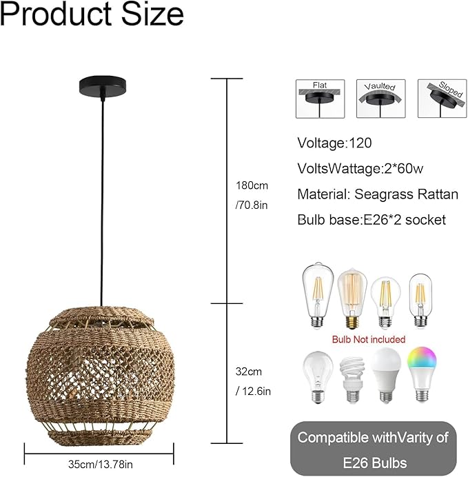 Rattan Pendant Light 13.78" Boho Wicker Seagrass Pendant Light Hand Woven Water Plants Rattan Chandelier for Dining Living Bedroom Kitchen Farmhouse
