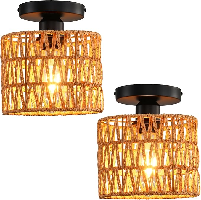 Ceiling Light Fixture,Hand-Woven Rattan Flush Mount Ceiling Light,Farmhouse Light Fixtures Ceiling Mount Boho for Hallway Bedroom Kitchen Entryway Living Room