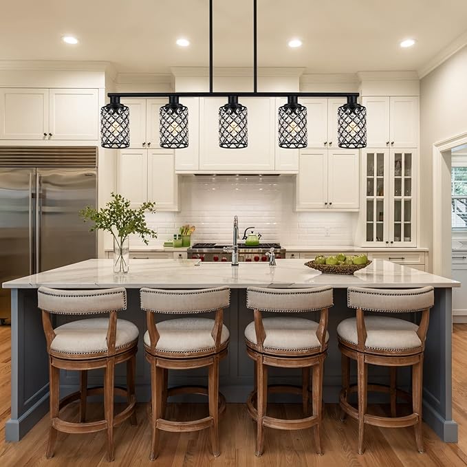 Kitchen Island Lighting,5-Light Dining Room Light Fixture Over Table,Black Linear Chandelier with Black Handmade Crystal Shade,Pendant Lighting for Kitchen Light Dining Table Living Room