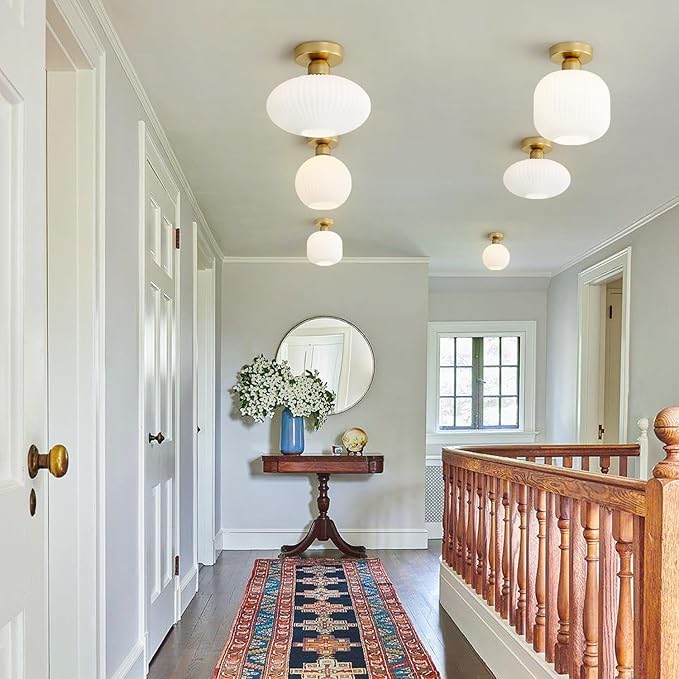 KCO Lighting Mid Century Modern Large Semi Flush Mount Ceiling Light Fixture White and Gold Living Room Flush Mount Ceiling Light Vintage Milk Glass Globe Close to Ceiling Light