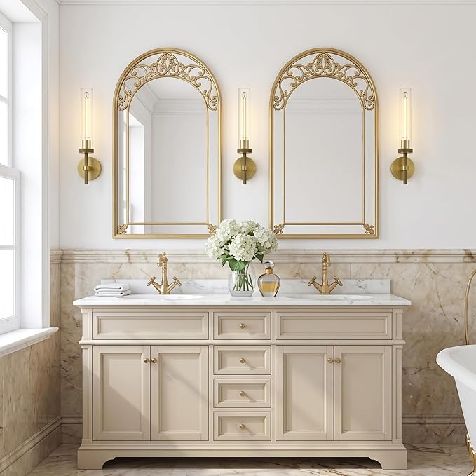 Brass Knurled Wall Sconce 20", Bathroom Wall Sconce Set of Two,Glass Tube Brass Sconces Wall Lighting,Bathroom Sconces Side of Mirror,Vanity Sconce Lights for Bath,Including E26 Light Bulbs