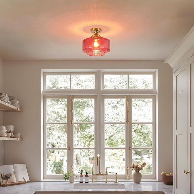 11.8in Semi Flush Mount Ceiling Light Fixture, Vintage Striated Glass Kitchen Lighting Fixtures Ceiling Mount for Entryway Hallway Bedroom Dining Room Bathroom Foyer Laundry (Purple)