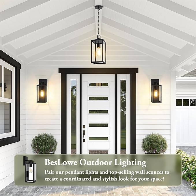 BesLowe 1-Pack Outdoor Pendant Light, 13” Modern Hanging Lantern Light for Outside, Black Exterior Pendant Lighting Fixture with Adjustable Chain, Outdoor Chandelier for Porch, Gazebo, Front Door