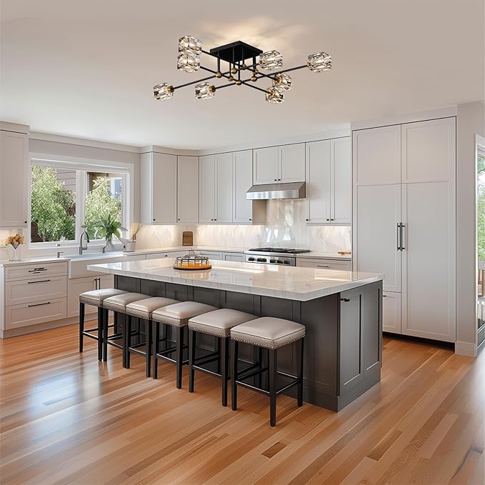 Modern Crystal Ceiling Light Fixture 13-Lights Black and Gold Semi Flush Mount Ceiling Light Farmhouse Chandeliers for Dining Room Kitchen Island Living Room Bedroom