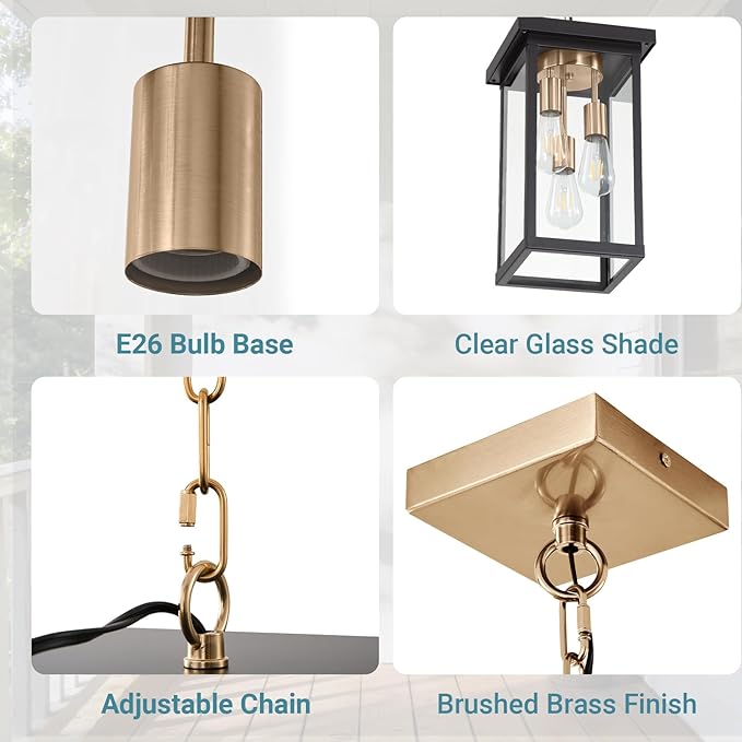 LOUSACE 16.1'' Large Outdoor Pendant Light Fixtures 3-Lights Brushed Brass & Black Outdoor Chandelier Exterior Hanging Porch Light Fixtures, Outside Pendant Porch Light Lantern for Entrace Balcony