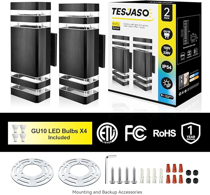 Outdoor Wall Lights 2-Pack – Modern Patio Wall Light Fixture, Dusk to Dawn Outside Lights for House, Up & Down Outdoor Sconce, Waterproof Outdoor Light Fixtures, Front Porch, Garage Lights