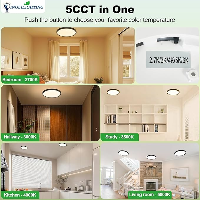 LED Flush Mount Ceiling Light: 7 inch 1Pack Super Slim Dimmable & 5CCT (2700-6500K) Kitchen Lighting Fixtures Ceiling - 12W Black Low Profile Ceiling Lamp for Bedroom Garage Hallway