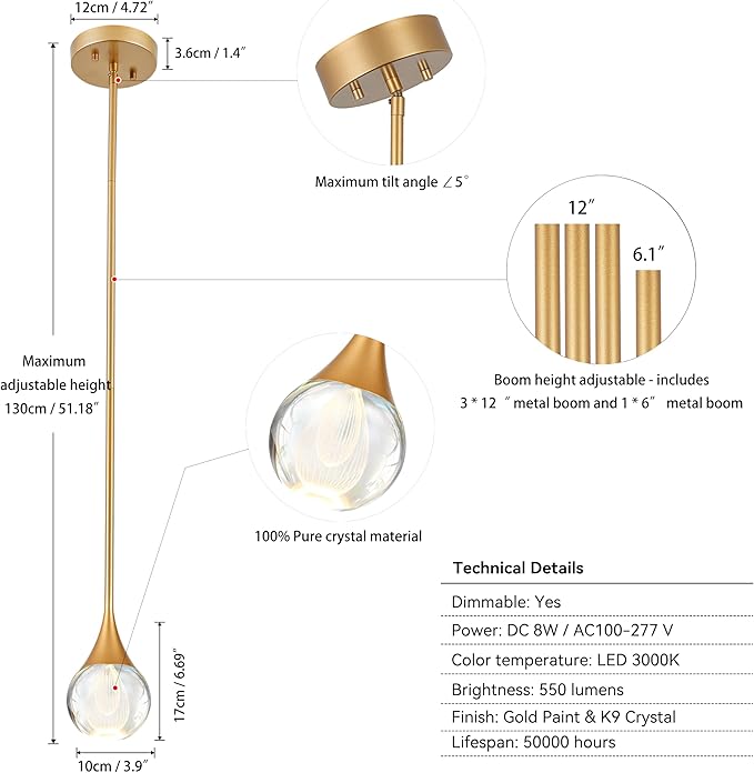 1-Light Teardrop Crystal Pendant Light, Brass Gold Globe Ceiling Hanging Light Fxitures, LED Raindrop Light Fixtures Metal Rod Ceiling Glass Pendant Lighting for Kitchen Island Dining Room Bar