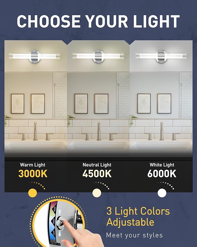 kudos Brushed Nickel Modern Sconces Wall Lighting, Bathroom sconces Set of 2 with Clear Glass and Frosted Glass, Modern LED Vanity Light for Bathroom, 3000K/4500K/6000K Adjustable,KDVL06-BN-2-2PK