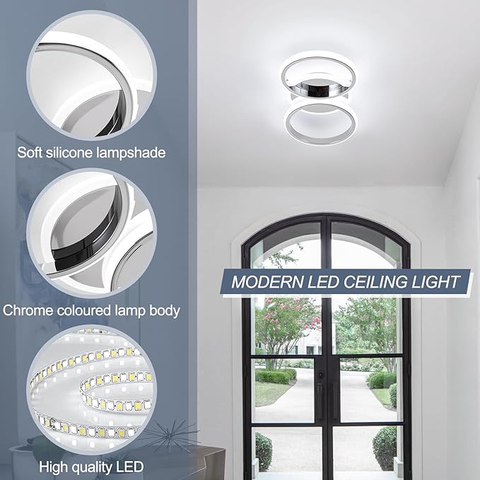 ElDISUNY Modern LED Ceiling Lights, 30W Round Ceiling Lights Fixture for Kitchen, Close to Ceiling Lights for Hallway Bedroom Dining Room,Cool White Light 6000K(Chrome)