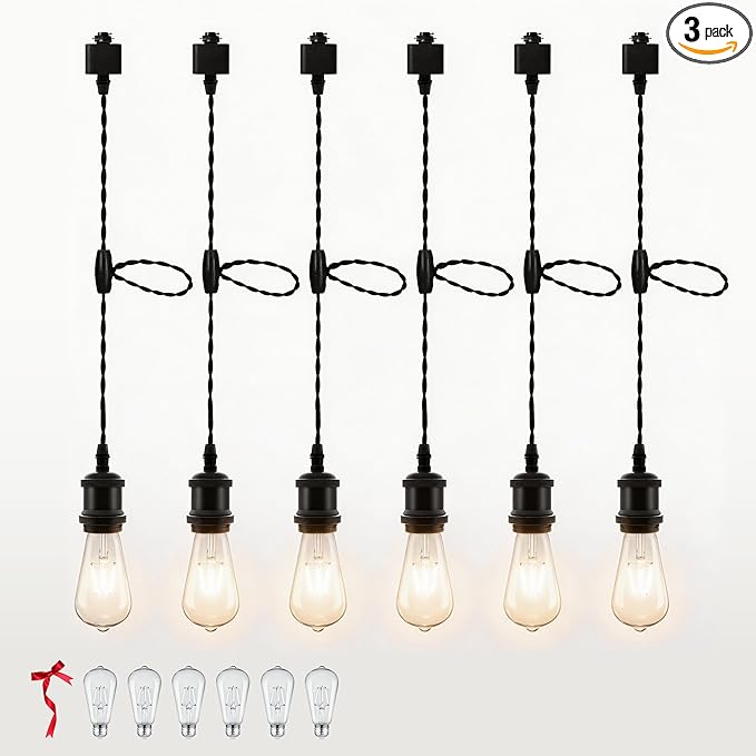 Universal H-Type Pendant Track Lights Kit with 6 Bulbs,6-Pack Black Track-Mounted Hanging Fixtures 4000K Natural Light Bulbs, E26 Socket for Kitchen Island and Dining Room