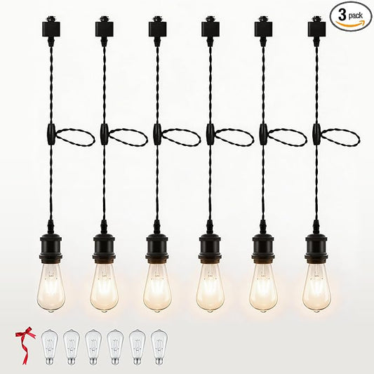 Universal H-Type Pendant Track Lights Kit with 6 Bulbs,6-Pack Black Track-Mounted Hanging Fixtures 4000K Natural Light Bulbs, E26 Socket for Kitchen Island and Dining Room