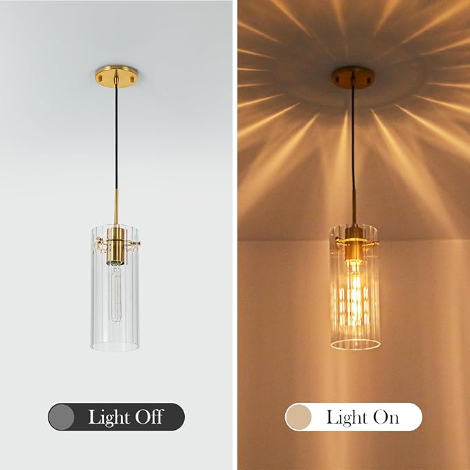 Gold Pendant Light Fixtures, Modern Pendant Lighting with Clear Striped Glass Shade, 1 Light Pendant Lights Kitchen Island, Farmhouse Pendant Lighting for Dining Room