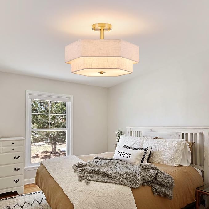 SGLfarmty 17.7" Gold Flush Mount Ceiling Light, 3-Light Farmhouse Light Fixture Ceiling Mount with 2-Tier Hexagonal Fabric Linen Shade, Modern Drum Chandelier for Bedroom Hallway Living Room