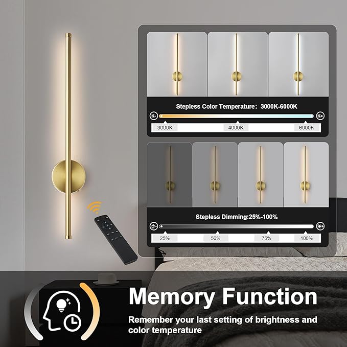 Battery Operated Modern Wall Sconces Set of Two,Rechargeable Wireless Wall Lights with Remote Control,Dimmable,3CCT,Timer,360°Rotation,Cordless Lighting for Bedroom,Living Room,Hallway,Brass,27.6 Inch