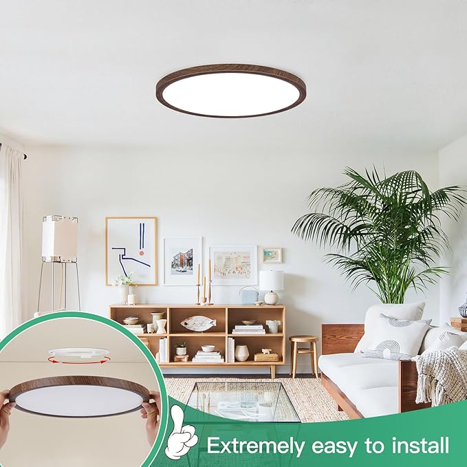 Brightever 2 Pack LED Flush Mount Ceiling Light, 12 Inch 24W, Super Slim 0.67 Inch 3200LM Ceiling Light Fixture Walnut Wood Color, Dimmable & 2700K-6500K 5 Color in One Ceiling Lamp for Farmhouse