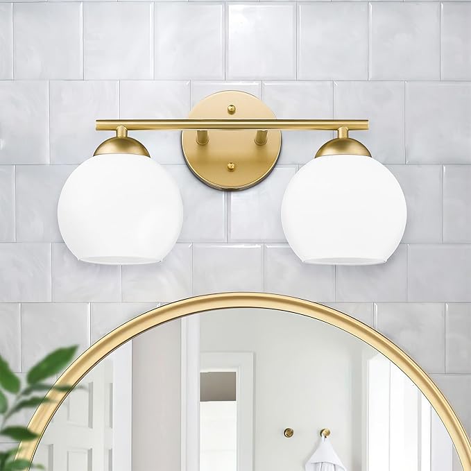 Emak 2-Light Gold Bathroom Light Fixtures, Modern Globe Vanity Lights with Milk Glass Shade for Bathroom, VL114-GD-ML-2