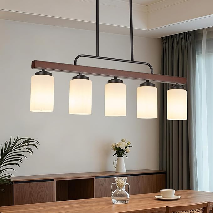 Farmhouse Dining Room Light Fixture Over Table, Black 5-Light Wood Kitchen Island Lighting with Milk White Glass, Industrial Linear Chandelier Pendant Lights