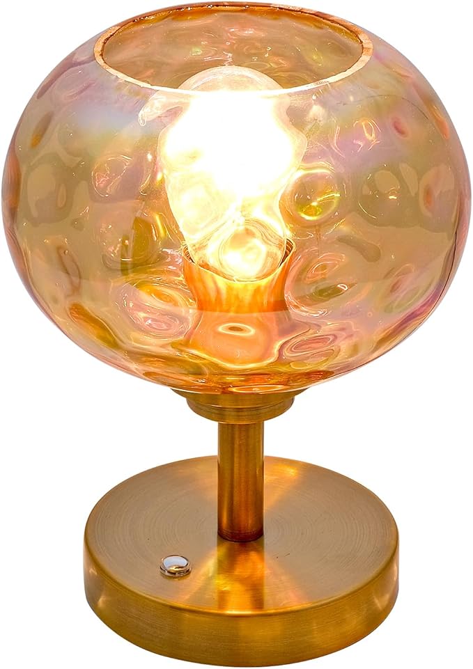 Touch Control Hammered Glass Table Lamp Brass Gold Portable Dimmable Brightness Small Nightstand Light 3-Way Stepless Dimming Bedside Bedroom Living Room (Colorful Amber Glass & Gold)