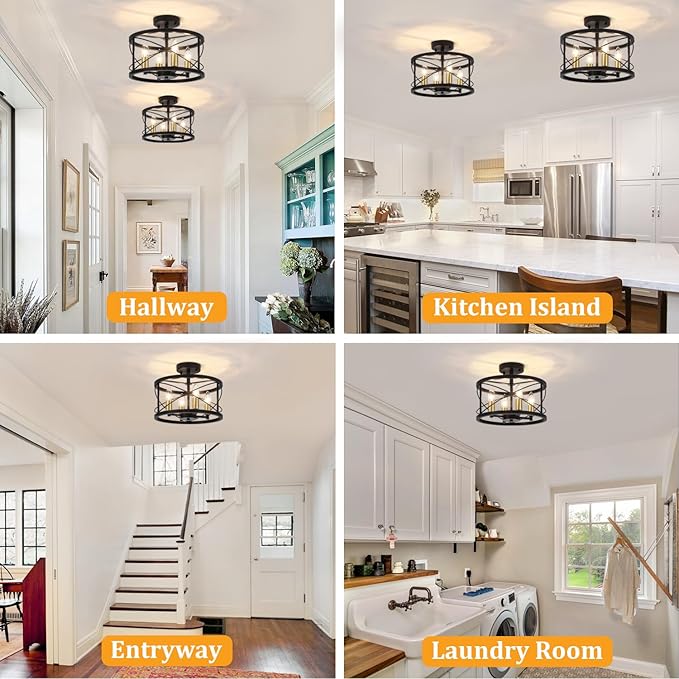 TOULMJ 4-Light Semi Flush Mount Ceiling Light, Black Gold Ceiling Light Modern Hallway Light Fixtures for Kitchen Island Entryway Laundry Room Foyer Dining Room