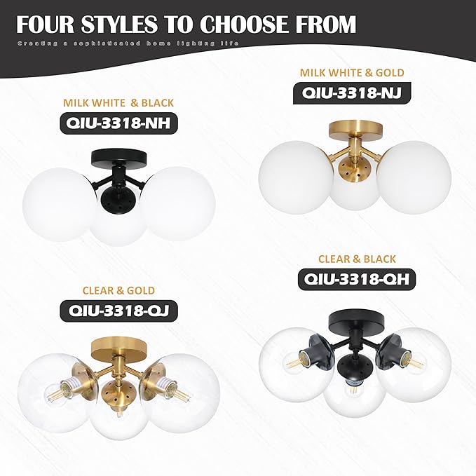 3 Light Mid Century Modern Gold Globe semi Flush Mount Ceiling Brass Chandelier 3-Light Milk Glass Globe Lights Sputnik Ceiling Light Fixture for Bedroom Living Room Hallway