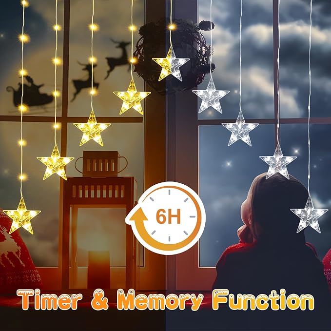 Christmas Window Lights, 76LED 9 Stars IP65 Battery Operated Star Curtain Lights 11 Modes with Timer, Xmas Decoration for Bedroom Wall Indoor Home Deco, Warm White & Multicolor