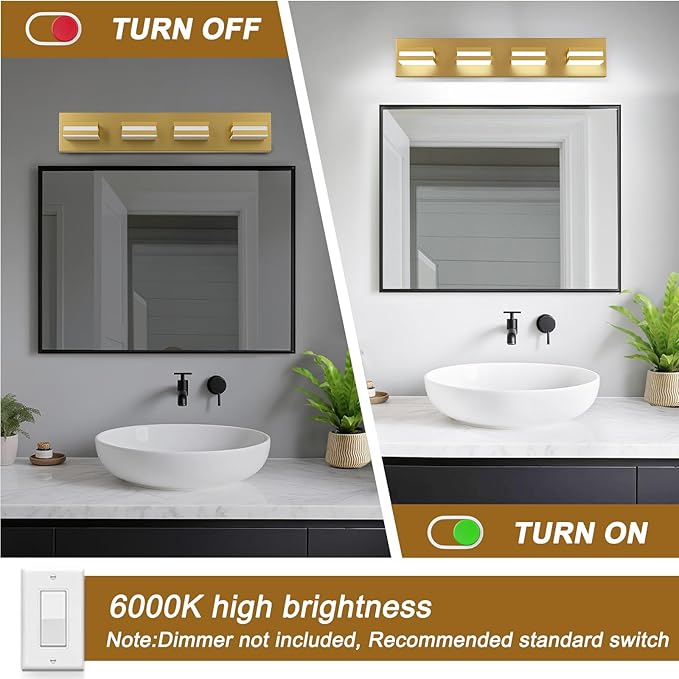 IZORRO LED Modern Bathroom Lights Fixtures(4-Light,Dimmable,360°Rotate),Brushed Glod Acrylic Wall Lighting,Vanity Lights for Bathroom Over Mirror - 6000k 24In （No Assembly Required）