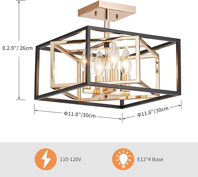 AGV LIGHTING CL055G Modern Semi-Flushmount Ceiling Light Fixture, Square Ceiling Light, E12 Base 4-Lights, L12 x W12 x H10, Matte Black & Shinny Gold Finish