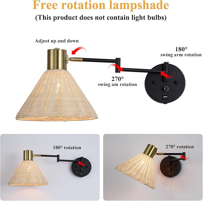 Plug in Rattan Wall Sconce Swing Arm Wall Lamp with USB Port and Dimmer Switch Hand-Woven Boho Rattan Wall Mounted Lamp Suitable for Hallway Bedroom Living Room.Balck