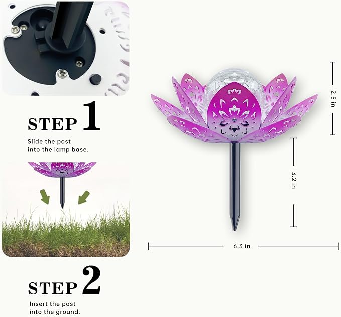 2 Pack Solar Garden Decor Lights Outdoor, Decorative Lotus Flower Solar Lights with Crackle Glass Globe, Waterproof Metal Solar Lights for Patio Yard Lawn Walkway Garden Decor