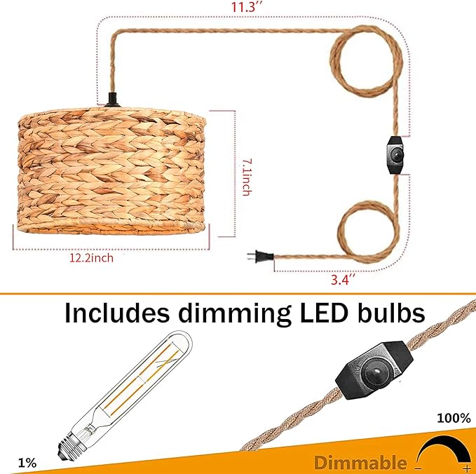 ZECOXOL Rattan Plug in Pendant Light Boho Hanging Lights with Plug in Cord & Dimmable Switch,Indoor Hanging Lamp Plug in Wicker Woven Lampshade for Living Room Bedroom Dinning Island