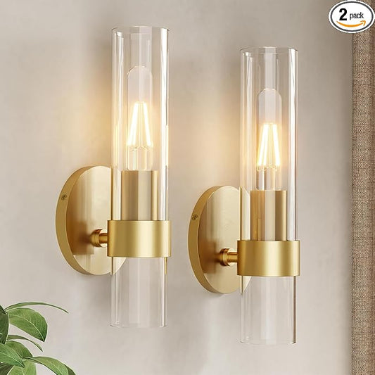 Wall Sconce Set of Two, Hardwired Bathroom Wall Sconces Lighting with Clear Glass, Modern Wall Sconces Set of 2 Wall Light fixtures for Bathroom Mirror Living Room Hallway Bedroom(Gold)