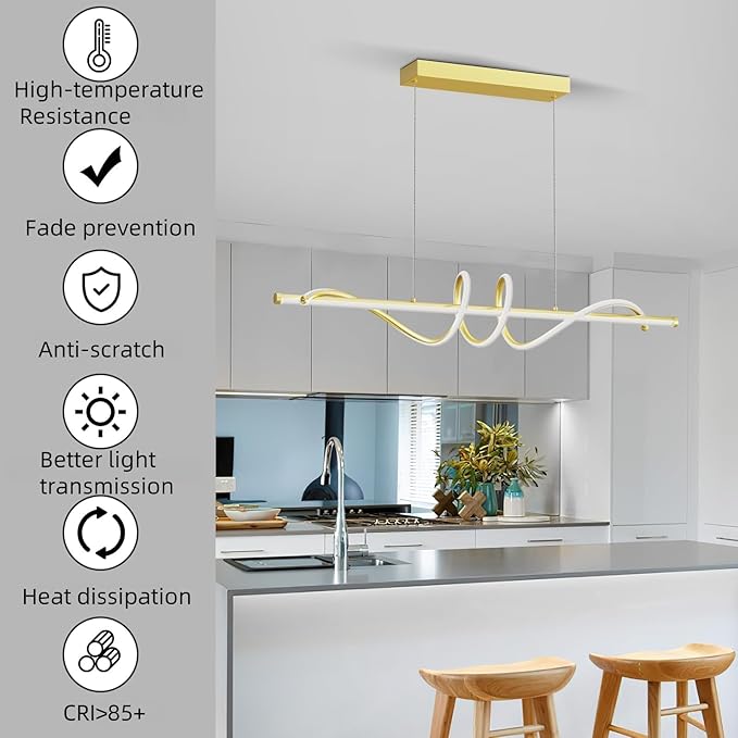 Modern LED Pendant Lights, Ceiling Chandelier Dimmable with Remote Control 3000k-6000K Adjustable Color Temperature, Aluminum Island Lighting Lamp Fixture for Kitchen, Dining Room(47in Gold)