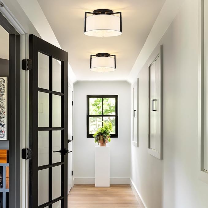 15" Semi Flush Mount Ceiling Light, 3-Light Modern Kitchen Hallway Light Fixtures with Drum White Shade, Metal Close to Ceiling Lights for Entryway Living Room Bedroom Dining Room Foyer, Black
