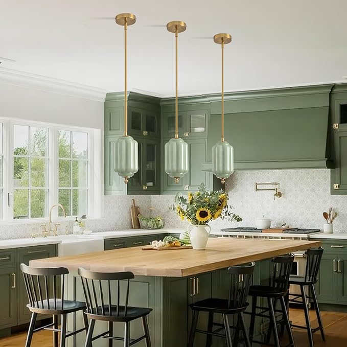 Vintage Green Glass Pendant Lights 5.5 Inch Mid Century Brass Hanging Ceiling Light, Small Adjustable Height Kitchen Island Hanging Lights for Dining Room, Kitchen, Hallway and Bedroom, E12 Base